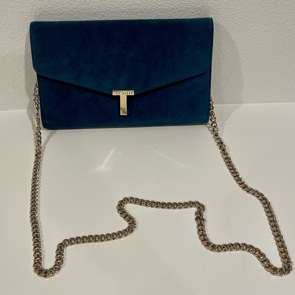 NEW-Navy Suede Ted Baker Clutch & Cross Body Bag with Gold Detachable Long Chain